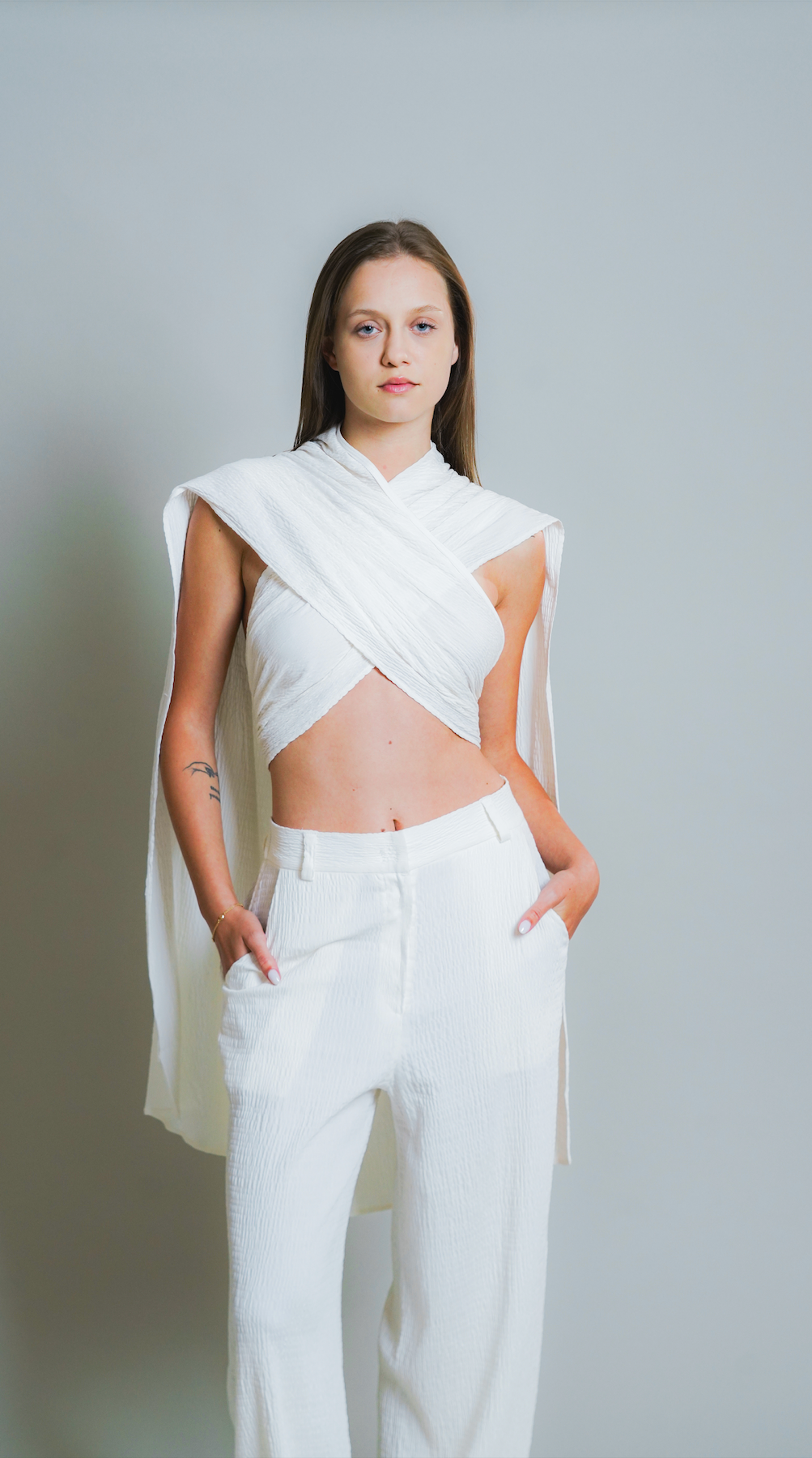 Convergence | White Cross-Over Top with Trousers