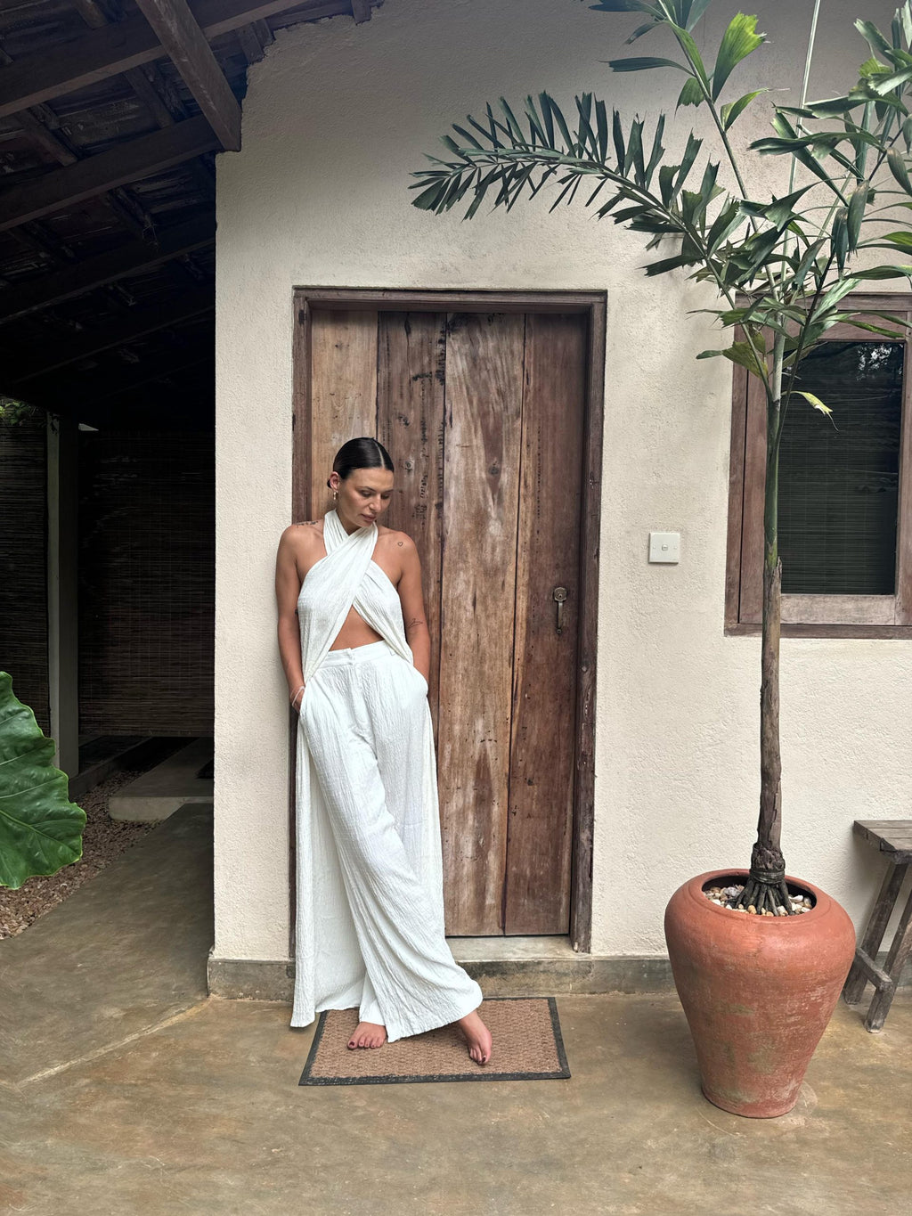 Convergence | White Cross-Over Top with Trousers